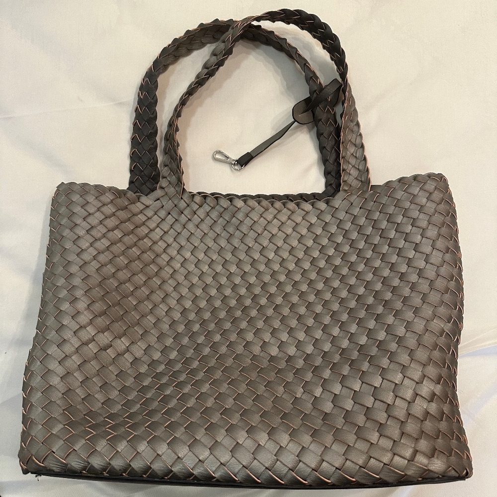 Woven Leather Tote GREY & Metallic Grey Reversible - 12"x14"x6" handle drop 9"